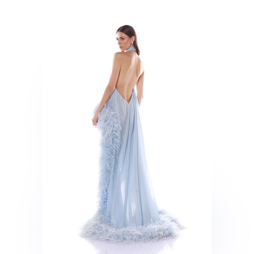 NEW BRONX AND BANCO Madeline Halterneck Gown in Powder Blue Feathered Gown - Picture 4 of 15